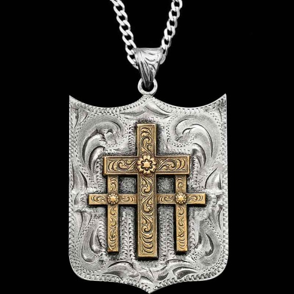 "Our Three Cross Pendant is crafted on a German Silver base, featuring Western-inspired hand engraving and our signature three-cross design in Jeweler's Bronze.

Size: 1.75""x2.25"" 

Ready to be shipped next day! 

Get a St